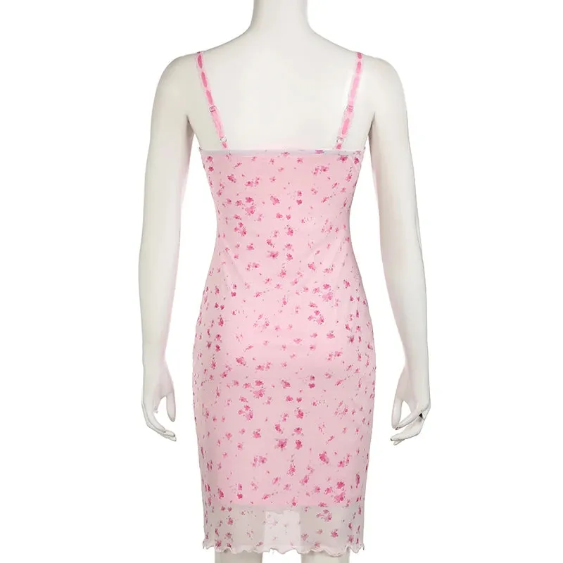 Spaghetti Strap Flowers Printed Summer Mesh Dress Frill Bow Sweet Holidays Sundress Coquette Clothes Double Layer New