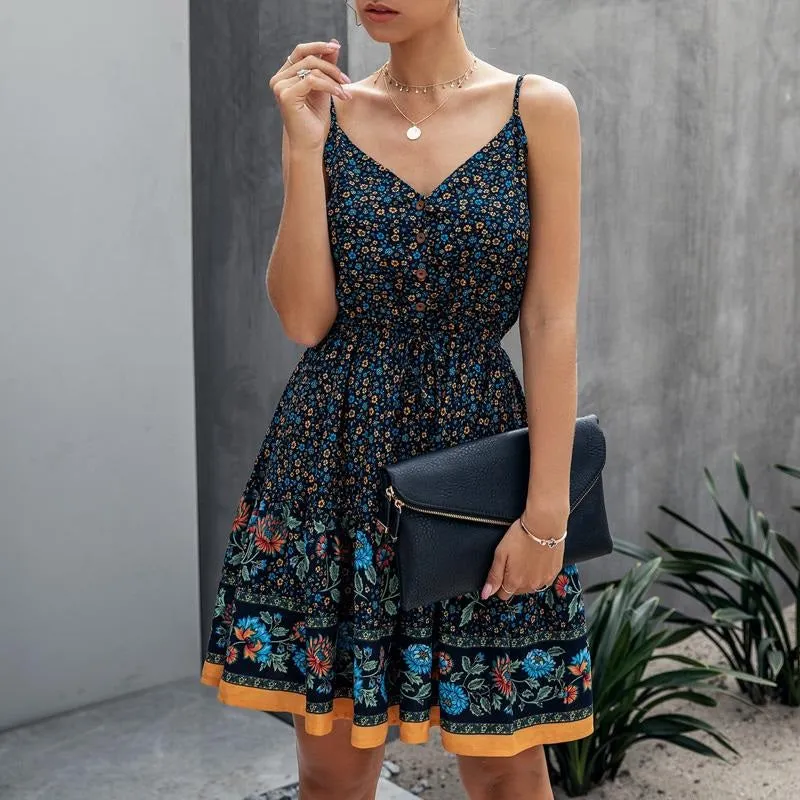 Spaghetti Strap Summer A-line Floral Print Boho High Waist V-neck Beach Sundress Dress