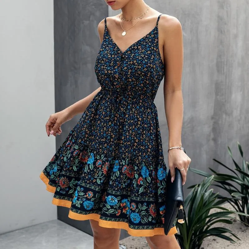 Spaghetti Strap Summer A-line Floral Print Boho High Waist V-neck Beach Sundress Dress