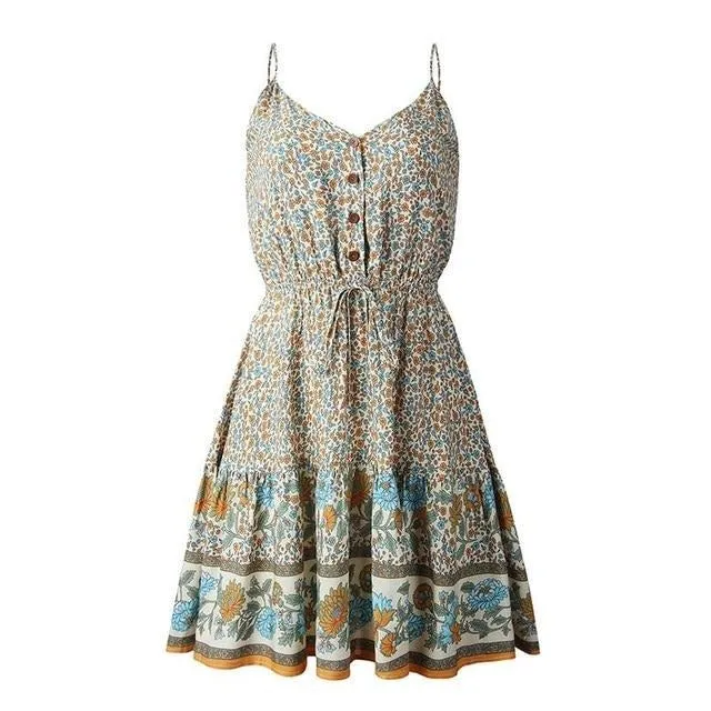Spaghetti Strap Summer A-line Floral Print Boho High Waist V-neck Beach Sundress Dress