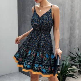 Spaghetti Strap Summer A-line Floral Print Boho High Waist V-neck Beach Sundress Dress