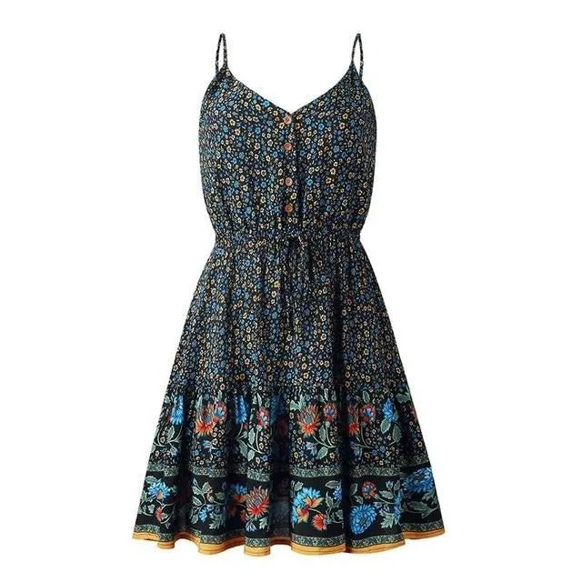 Spaghetti Strap Summer A-line Floral Print Boho High Waist V-neck Beach Sundress Dress