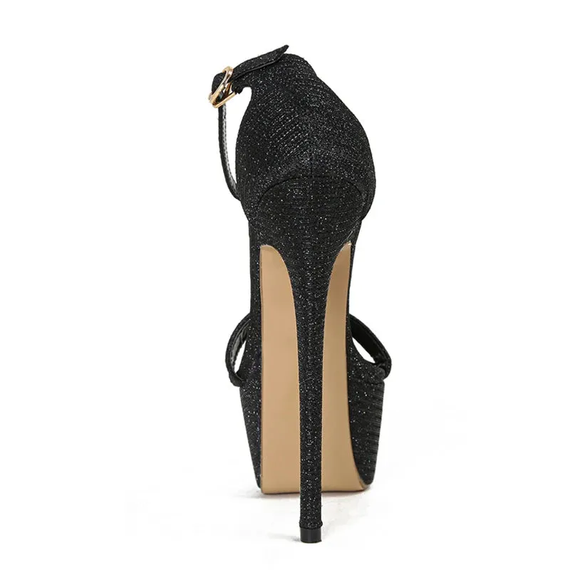 Sparkly Sequined fabric Platform super high heel black Sandals
