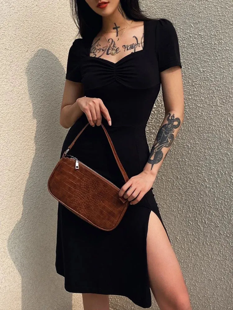 Square Neck Elegant Ruched Black Dress Side Split Short Sleeve Casual Dress Female Gothic Summer Dresses Sundress