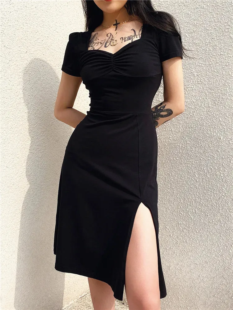 Square Neck Elegant Ruched Black Dress Side Split Short Sleeve Casual Dress Female Gothic Summer Dresses Sundress