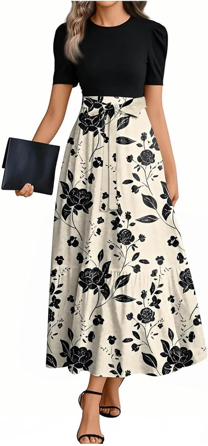 Summer Dresses for Women 2025 Short Sleeve Floral Long Dress Elegant Party Cocktail A Line Flowy Maxi Dress