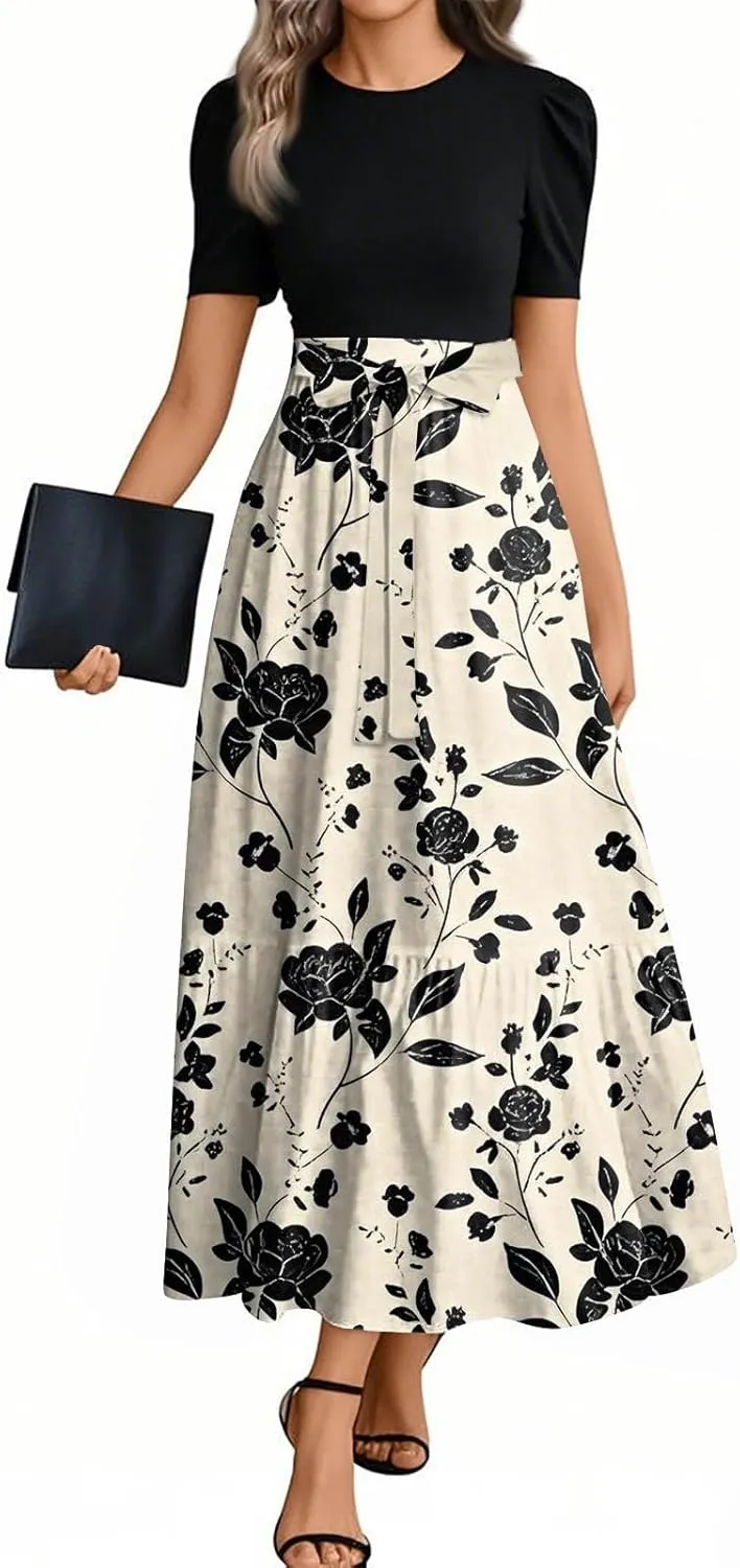 Summer Dresses for Women 2025 Short Sleeve Floral Long Dress Elegant Party Cocktail A Line Flowy Maxi Dress