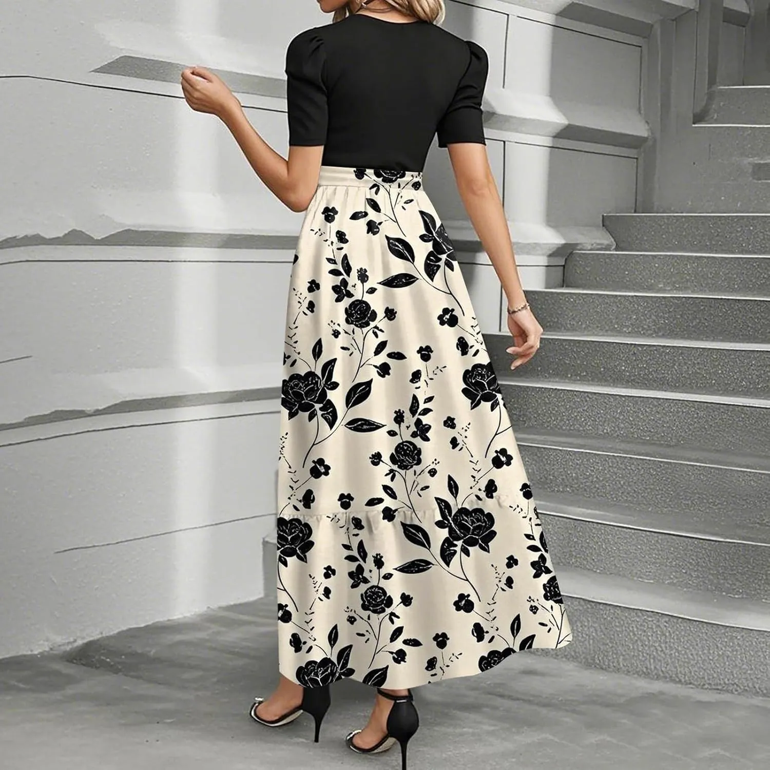 Summer Dresses for Women 2025 Short Sleeve Floral Long Dress Elegant Party Cocktail A Line Flowy Maxi Dress