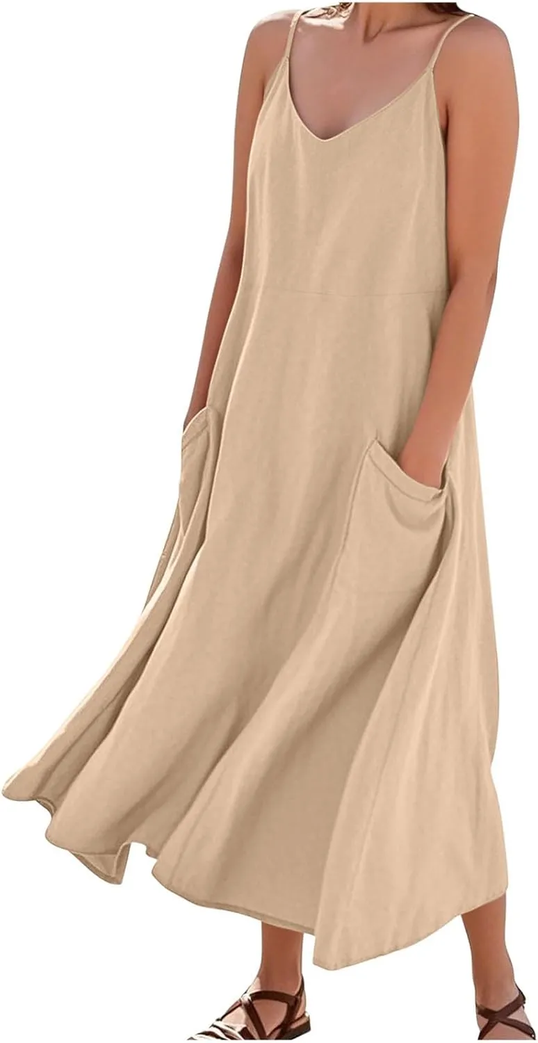 Summer Dresses for Women 2025 Spaghetti Strap V Neck Linen Dress Boho Maxi Dress Loose Casual Sundress with Pockets