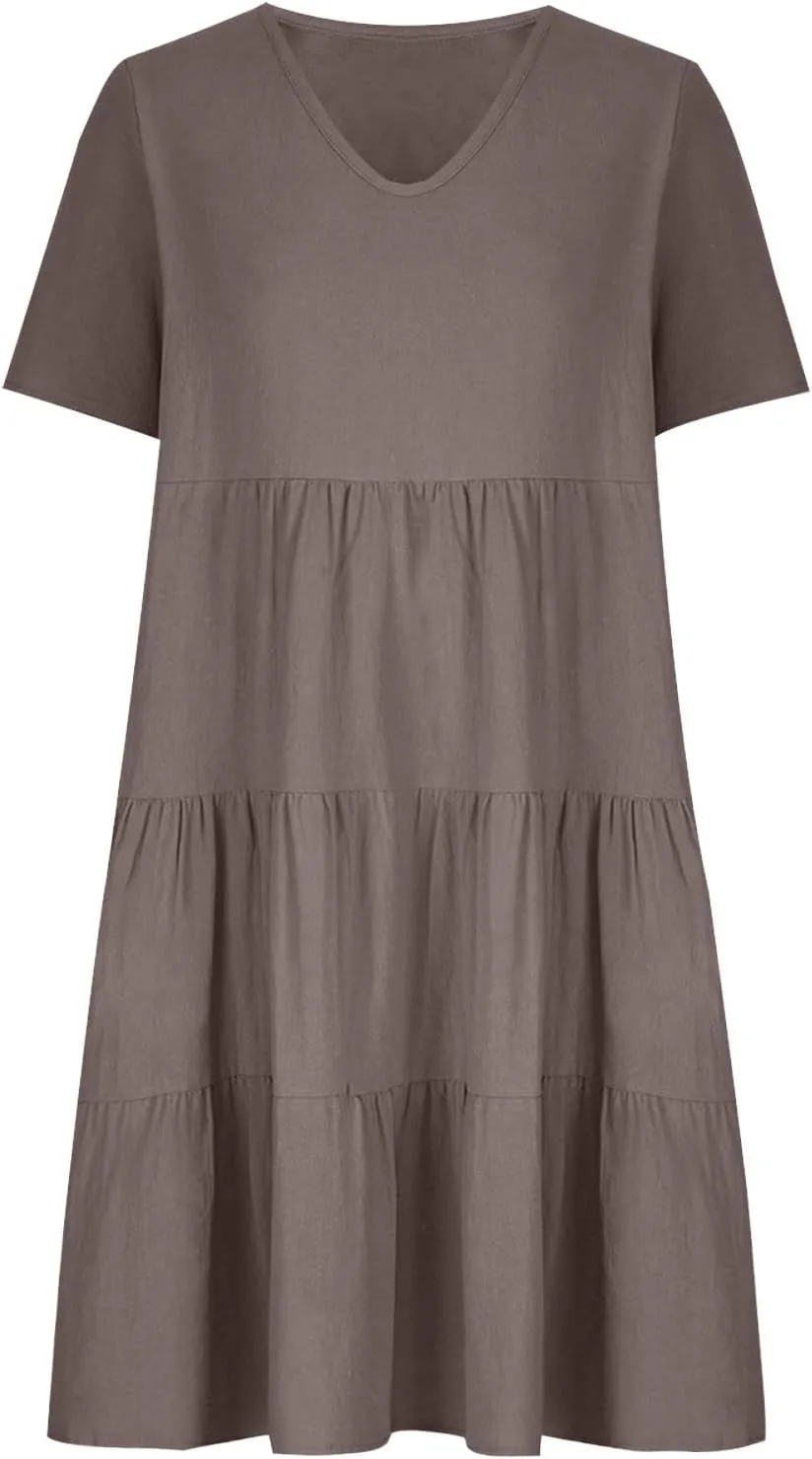 Summer Dresses for Women 2025 V-Neck Short Sleeve Flowy Solid Pleated Midi Dress Casual Party Sundress