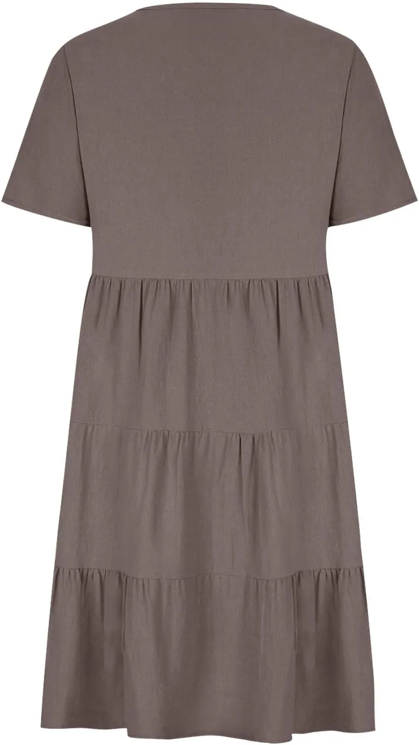 Summer Dresses for Women 2025 V-Neck Short Sleeve Flowy Solid Pleated Midi Dress Casual Party Sundress