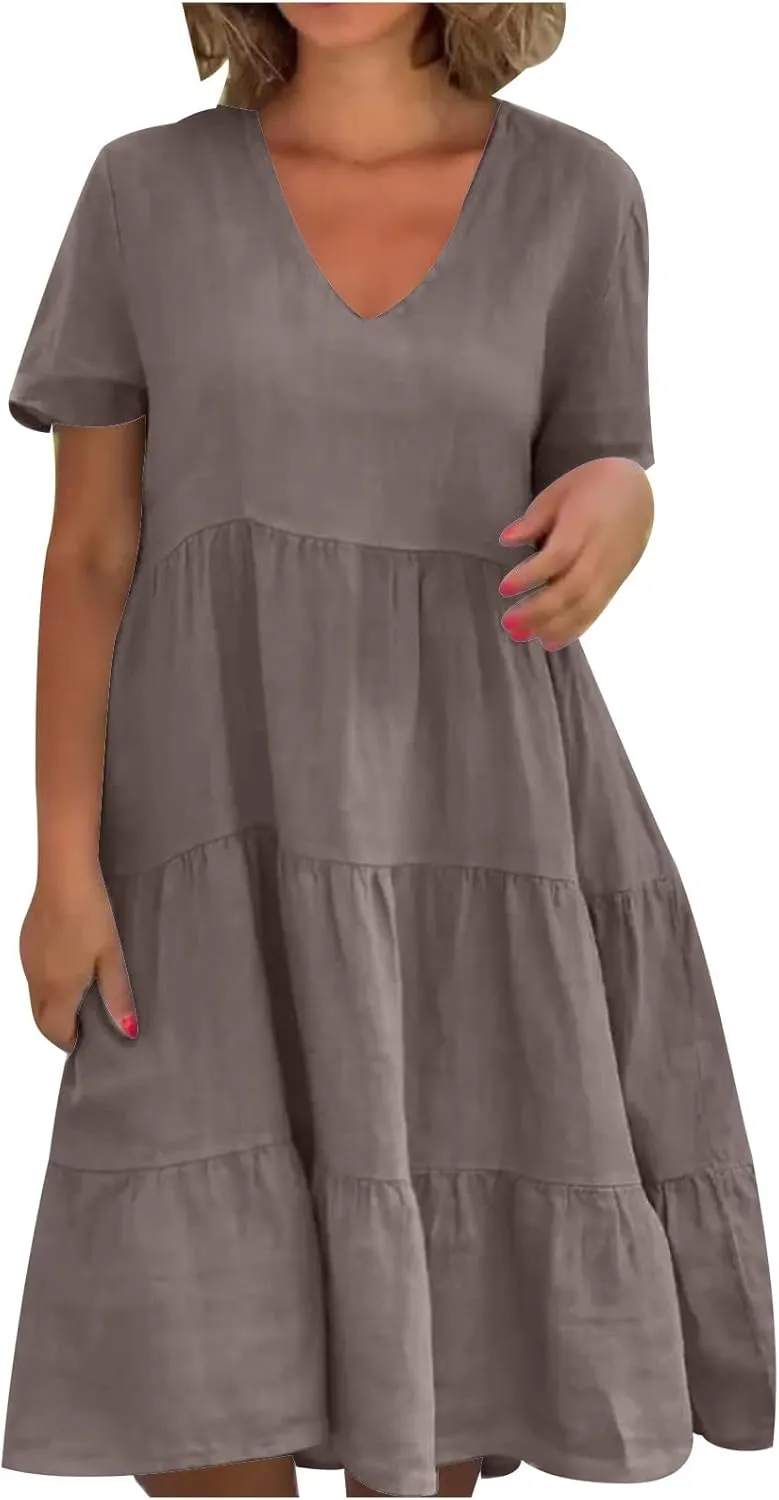 Summer Dresses for Women 2025 V-Neck Short Sleeve Flowy Solid Pleated Midi Dress Casual Party Sundress