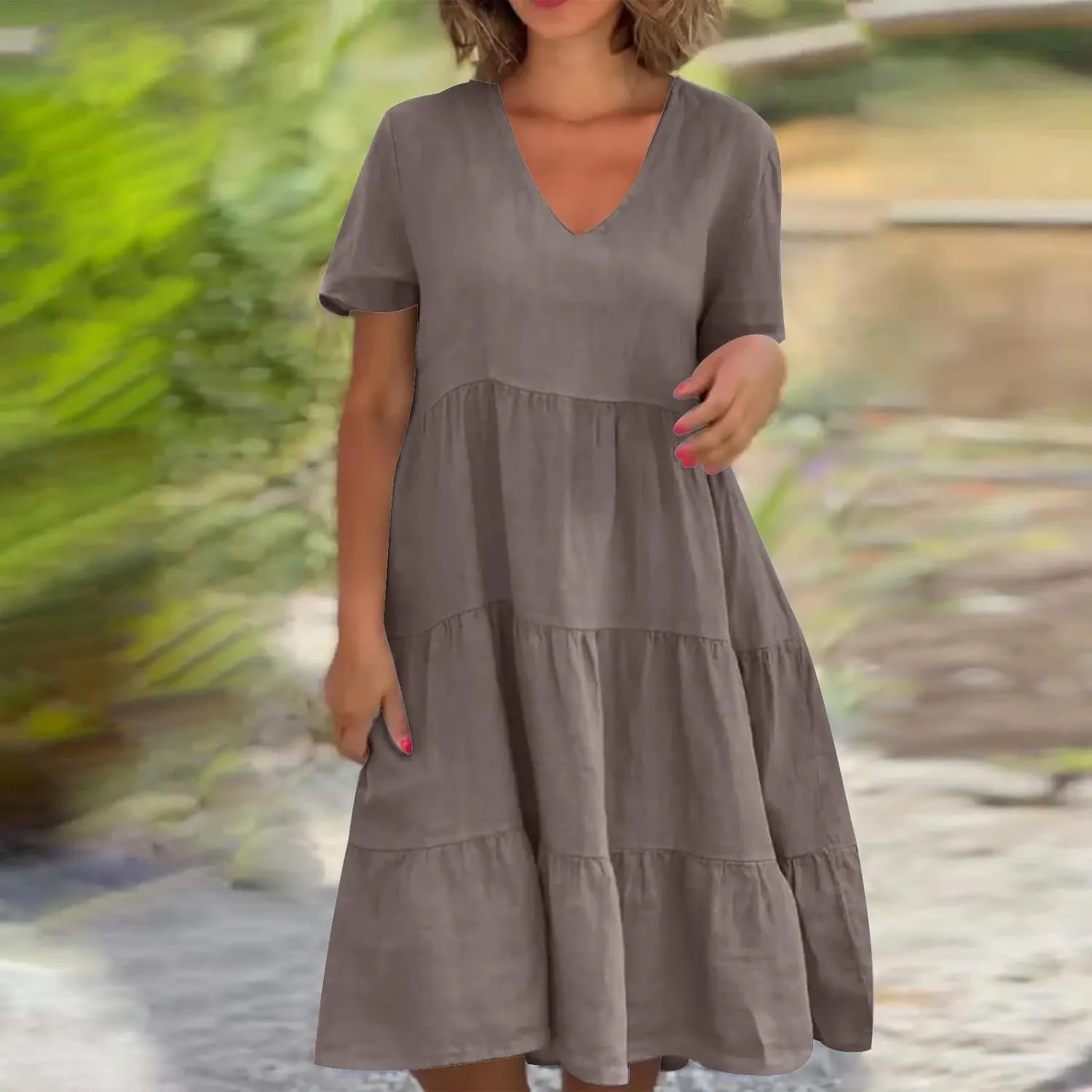 Summer Dresses for Women 2025 V-Neck Short Sleeve Flowy Solid Pleated Midi Dress Casual Party Sundress