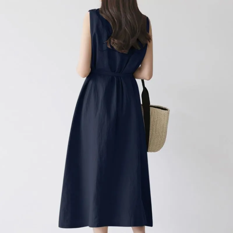 Summer Dresses for Women 2025 Vacation Maxi Sleeveless Round Neck Linen Dresses Tie Waist Casual Business Long Dress