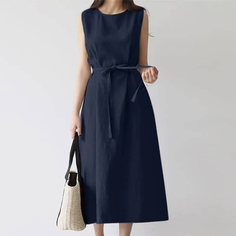 Summer Dresses for Women 2025 Vacation Maxi Sleeveless Round Neck Linen Dresses Tie Waist Casual Business Long Dress