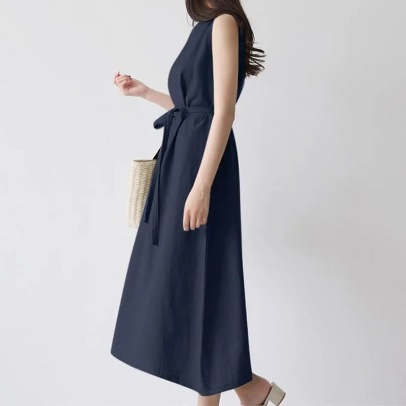 Summer Dresses for Women 2025 Vacation Maxi Sleeveless Round Neck Linen Dresses Tie Waist Casual Business Long Dress