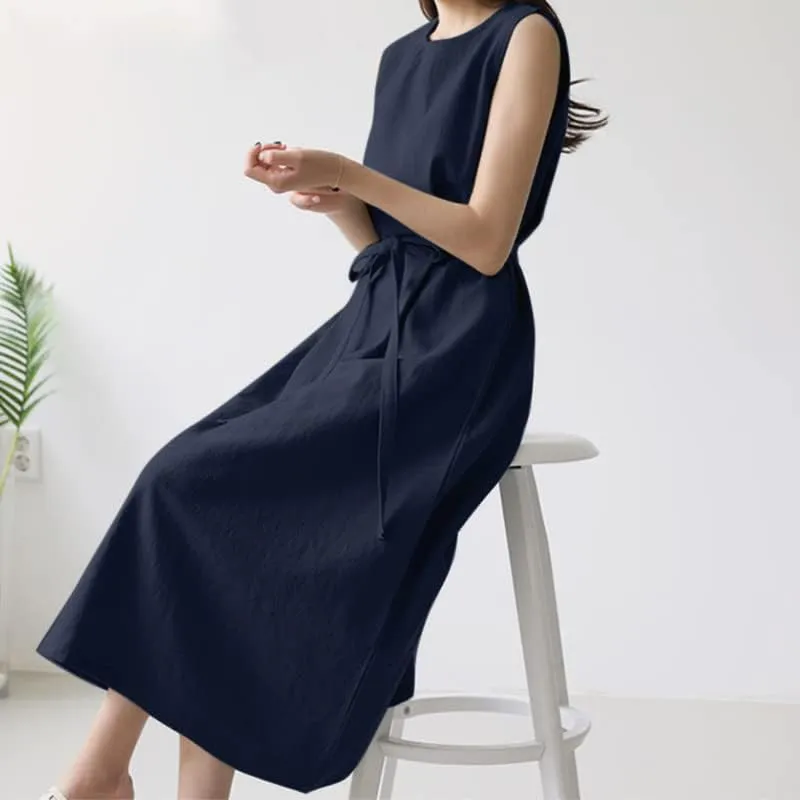 Summer Dresses for Women 2025 Vacation Maxi Sleeveless Round Neck Linen Dresses Tie Waist Casual Business Long Dress