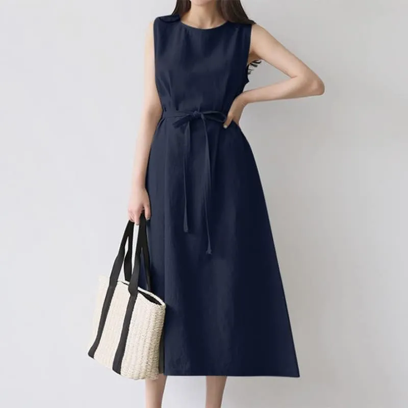Summer Dresses for Women 2025 Vacation Maxi Sleeveless Round Neck Linen Dresses Tie Waist Casual Business Long Dress