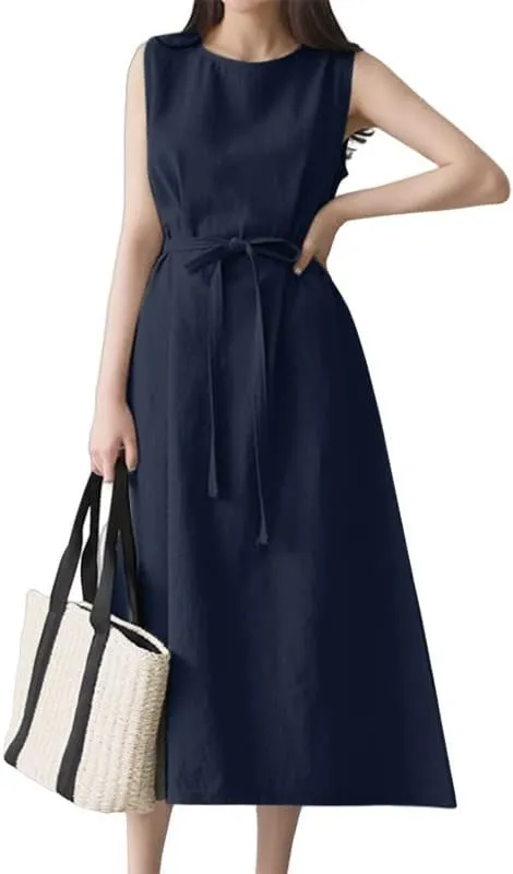 Summer Dresses for Women 2025 Vacation Maxi Sleeveless Round Neck Linen Dresses Tie Waist Casual Business Long Dress