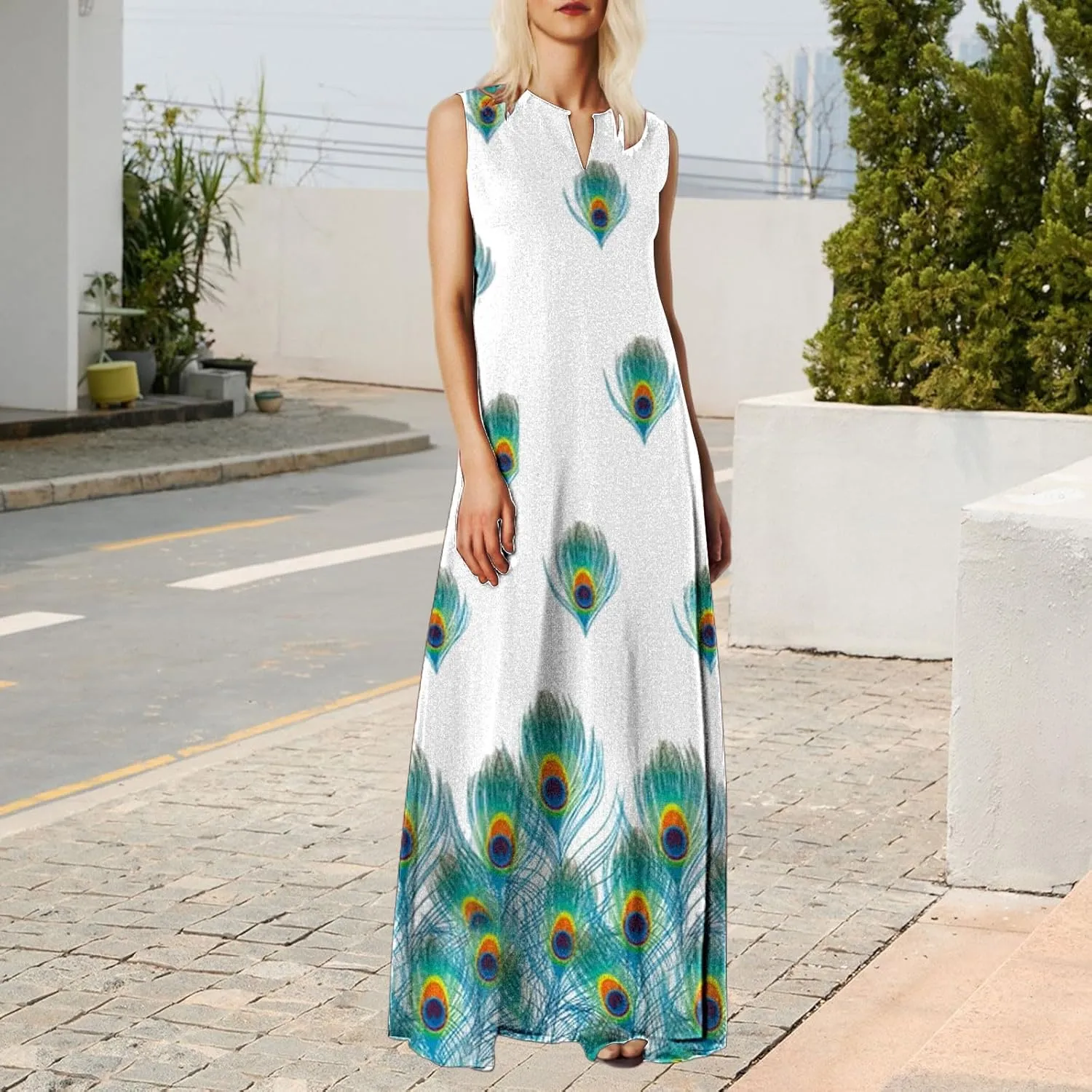 Summer Dresses for Women 2025,Women's Elegant Summer Casual Sleeveless Print Dresses V Neck Maxi Loose Beach Dress