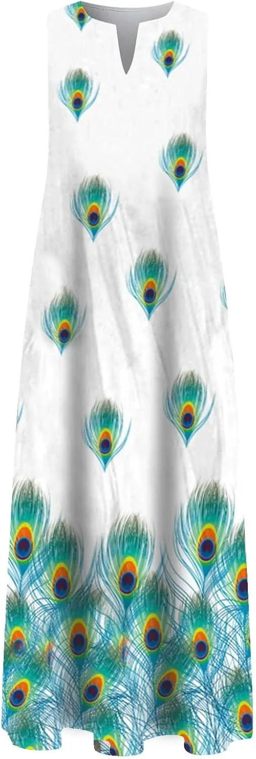 Summer Dresses for Women 2025,Women's Elegant Summer Casual Sleeveless Print Dresses V Neck Maxi Loose Beach Dress