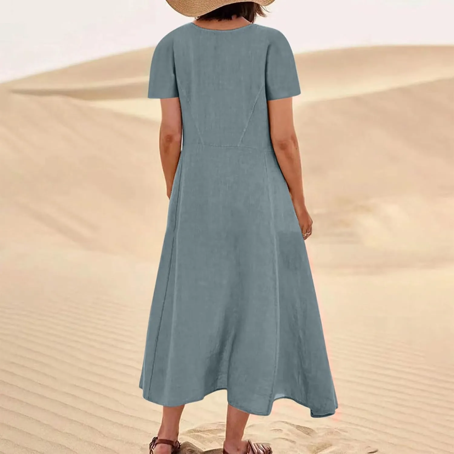 Summer Long Dresses for Women 2025 Casual Cotton Linen Tshirt Dress Short Sleeve Flowy Beach Vacation Sundress Pockets