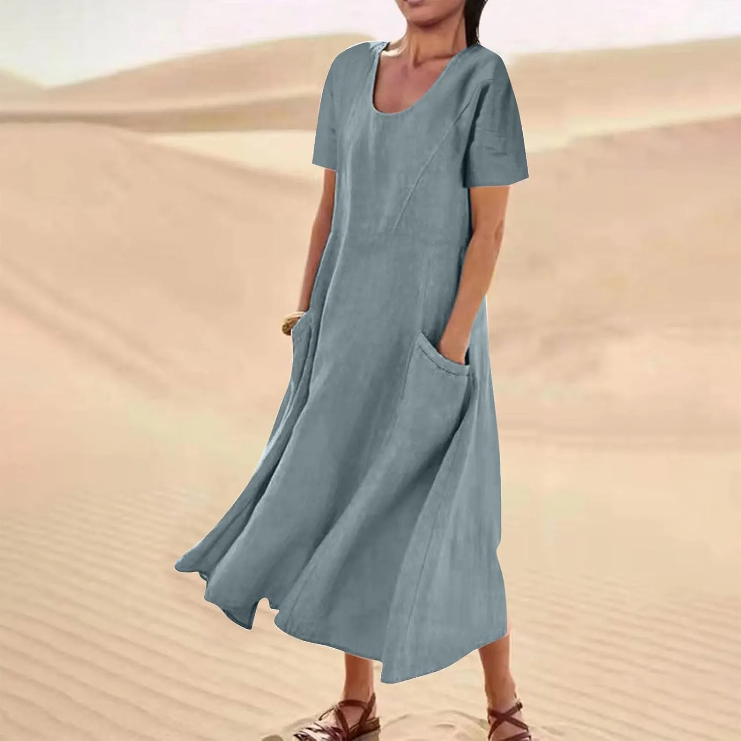 Summer Long Dresses for Women 2025 Casual Cotton Linen Tshirt Dress Short Sleeve Flowy Beach Vacation Sundress Pockets