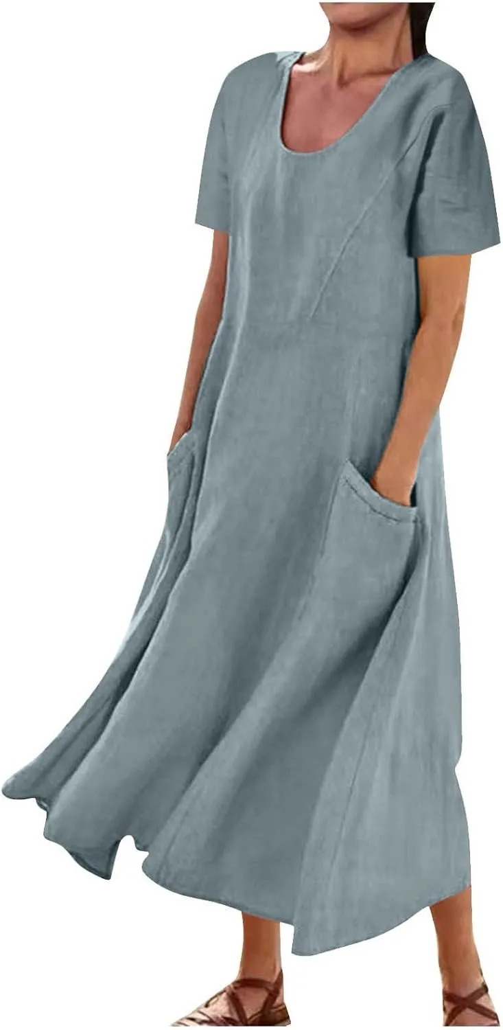Summer Long Dresses for Women 2025 Casual Cotton Linen Tshirt Dress Short Sleeve Flowy Beach Vacation Sundress Pockets