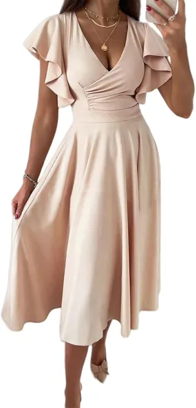 Summer Midi Dresses for Women V Neck Elegant Party Dress Short Sleeve A Line Dress Cocktail Wedding Guest Sundress