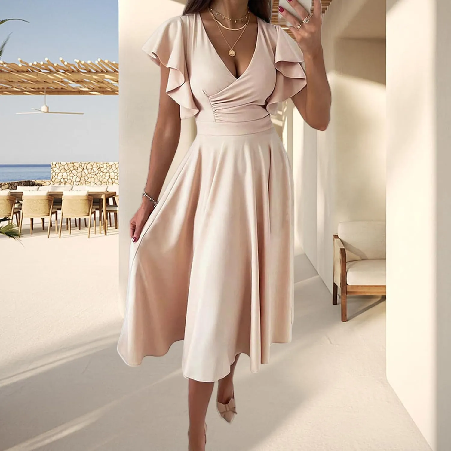 Summer Midi Dresses for Women V Neck Elegant Party Dress Short Sleeve A Line Dress Cocktail Wedding Guest Sundress