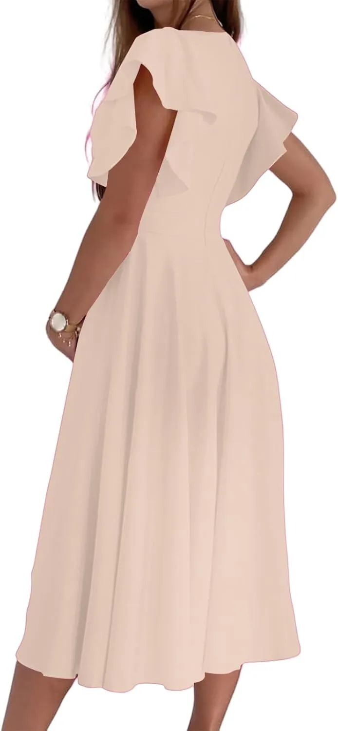 Summer Midi Dresses for Women V Neck Elegant Party Dress Short Sleeve A Line Dress Cocktail Wedding Guest Sundress
