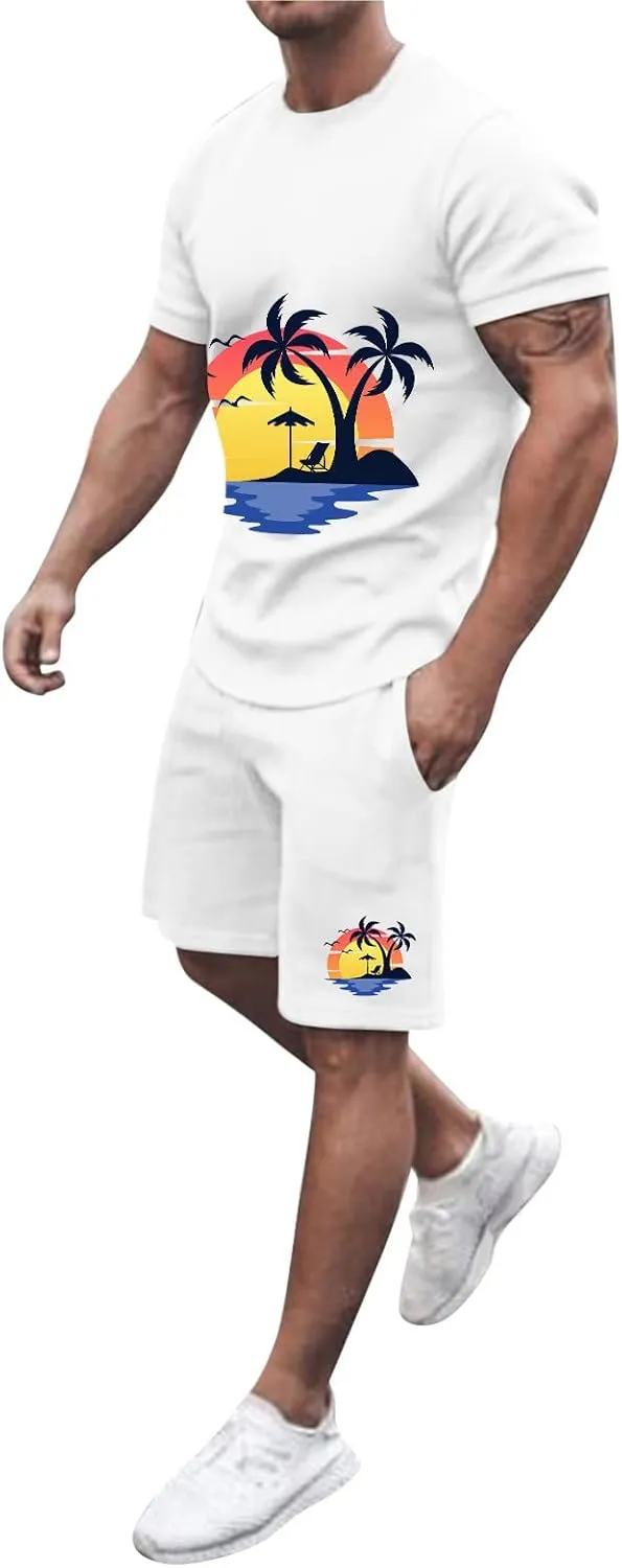 Summer Outfits for Mens Lightweight Relaxed Fit Short Sleeve Shirt and Drawstring Shorts Breathable Sport Set