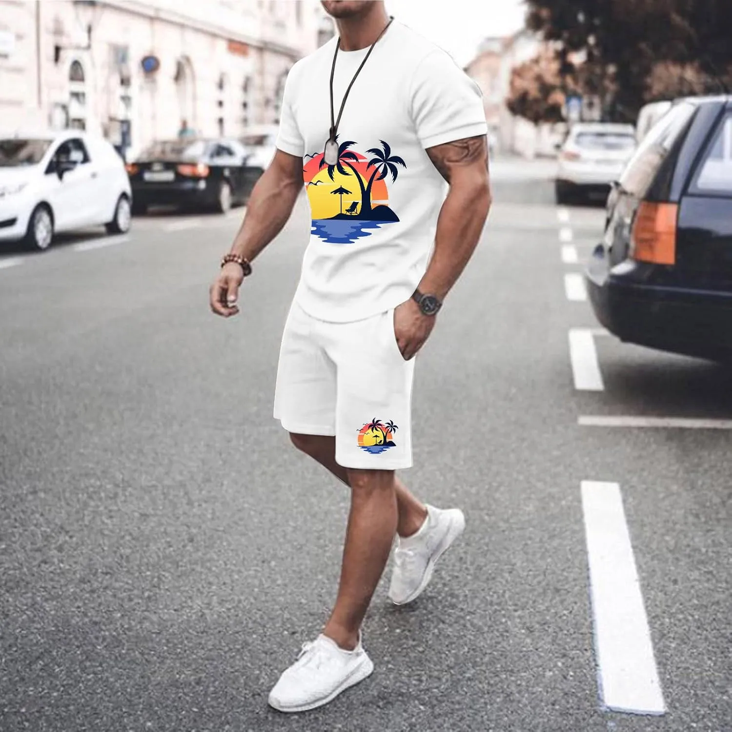 Summer Outfits for Mens Lightweight Relaxed Fit Short Sleeve Shirt and Drawstring Shorts Breathable Sport Set