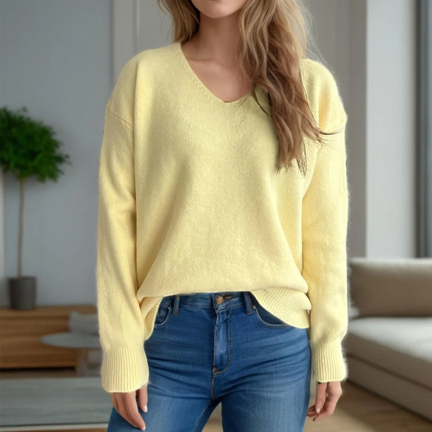 Sweaters for Women Trendy Crewneck Ribbed Knit Sweater Loose Fit Casual Solid Long Sleeve Pullover Trendy Tops