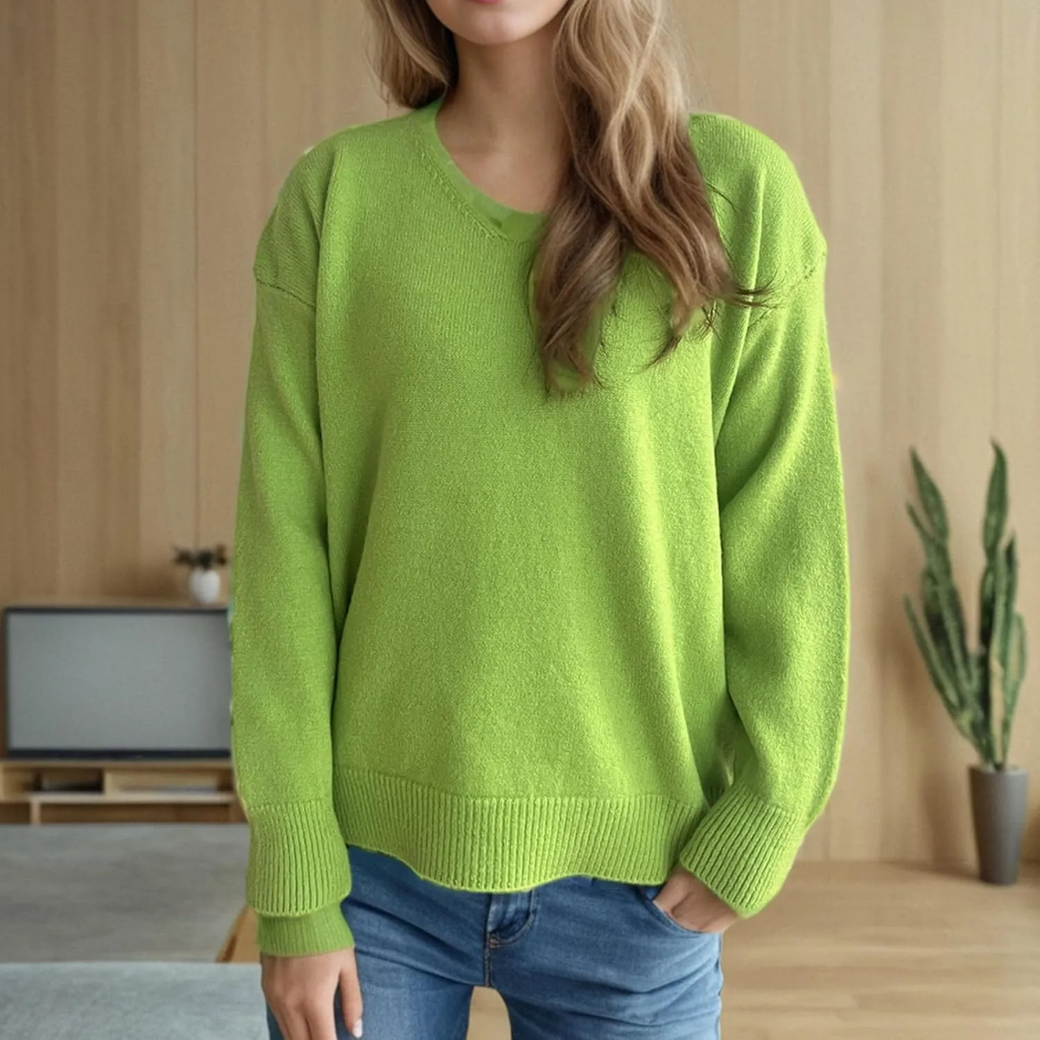Sweaters for Women Trendy Crewneck Ribbed Knit Sweater Loose Fit Casual Solid Long Sleeve Pullover Trendy Tops
