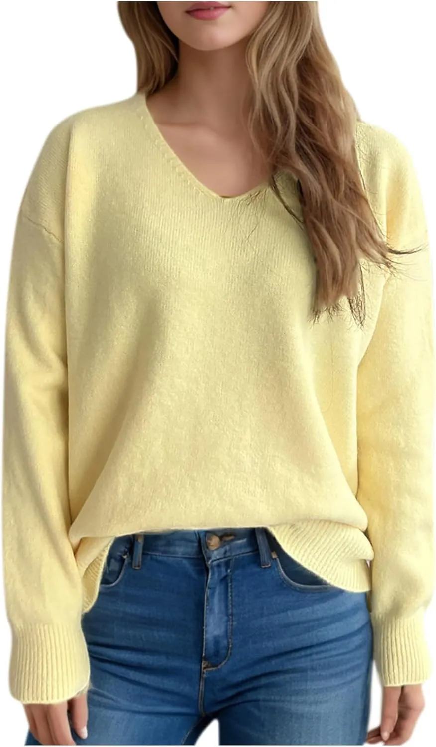 Sweaters for Women Trendy Crewneck Ribbed Knit Sweater Loose Fit Casual Solid Long Sleeve Pullover Trendy Tops