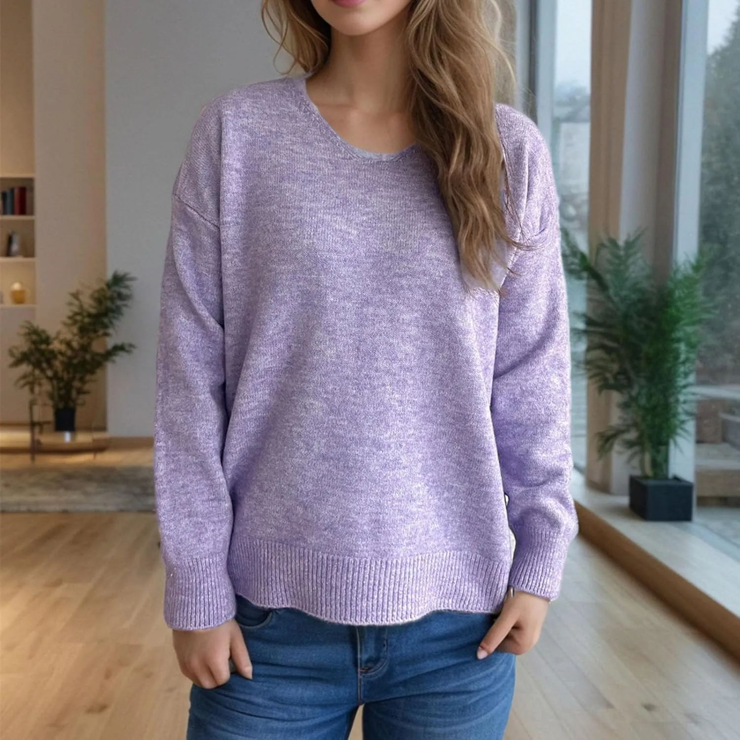 Sweaters for Women Trendy Crewneck Ribbed Knit Sweater Loose Fit Casual Solid Long Sleeve Pullover Trendy Tops