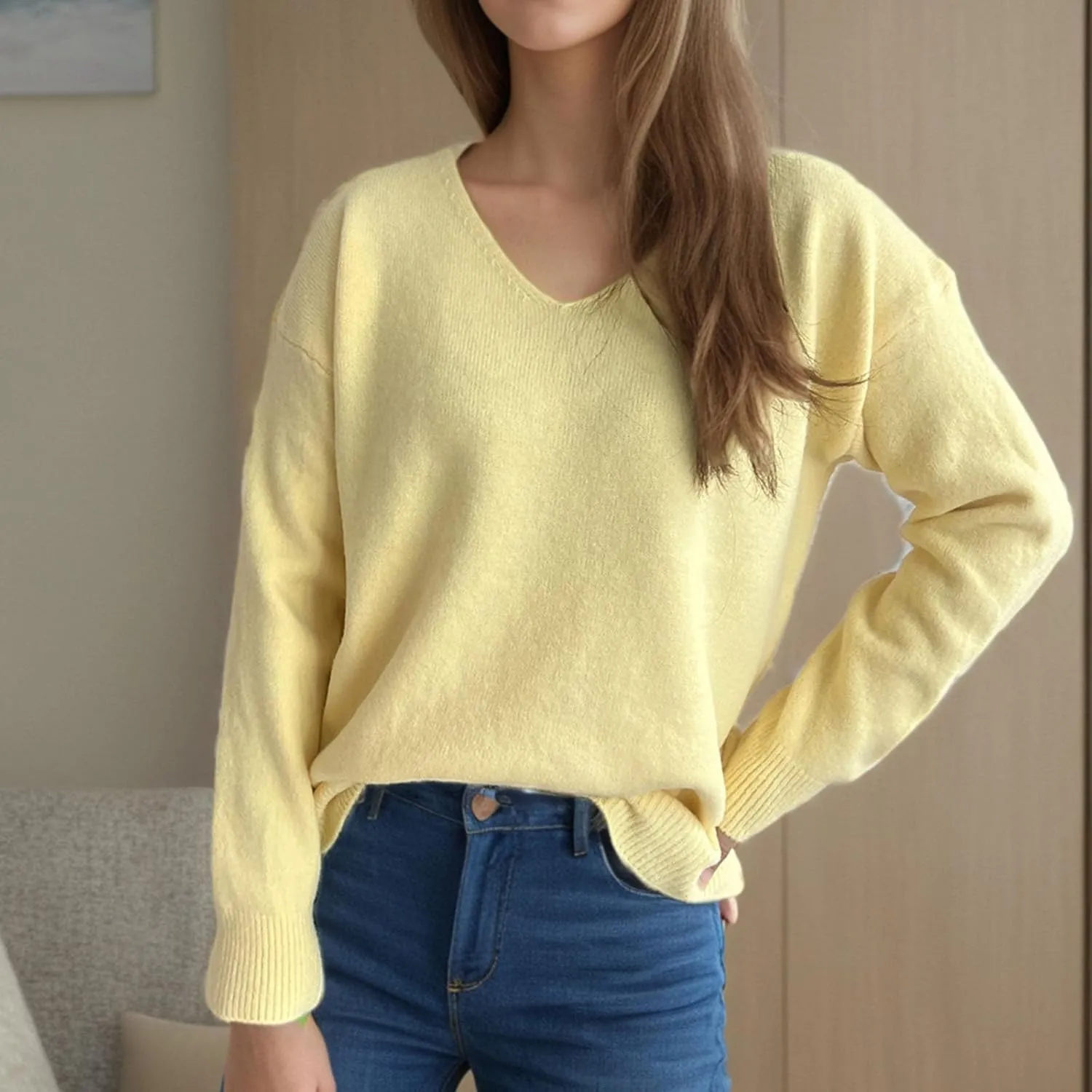 Sweaters for Women Trendy Crewneck Ribbed Knit Sweater Loose Fit Casual Solid Long Sleeve Pullover Trendy Tops