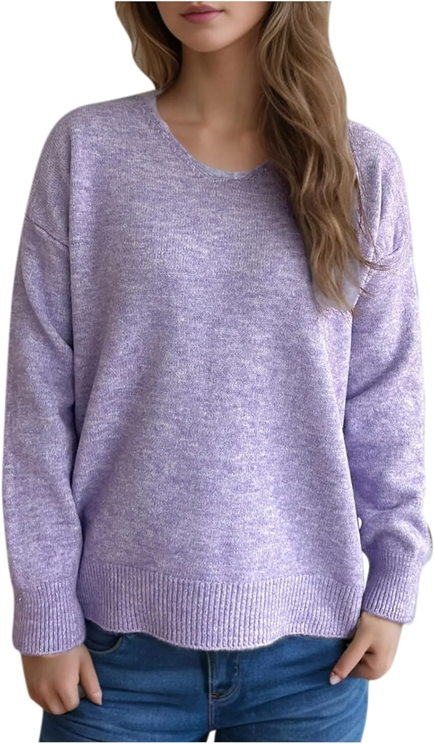 Sweaters for Women Trendy Crewneck Ribbed Knit Sweater Loose Fit Casual Solid Long Sleeve Pullover Trendy Tops
