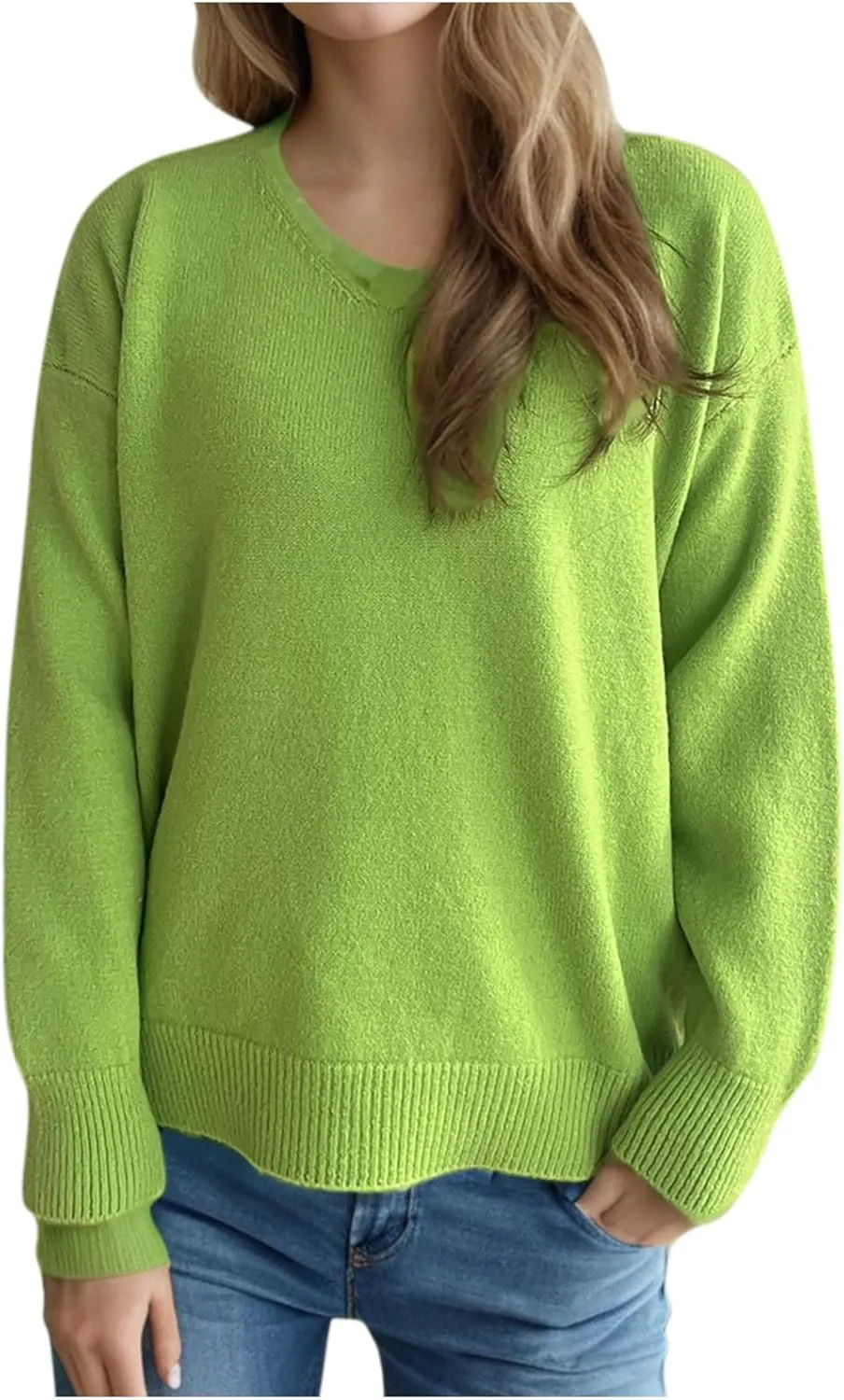 Sweaters for Women Trendy Crewneck Ribbed Knit Sweater Loose Fit Casual Solid Long Sleeve Pullover Trendy Tops