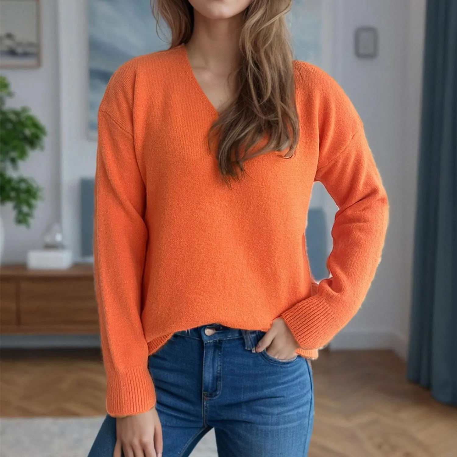 Sweaters for Women Trendy Crewneck Ribbed Knit Sweater Loose Fit Casual Solid Long Sleeve Pullover Trendy Tops