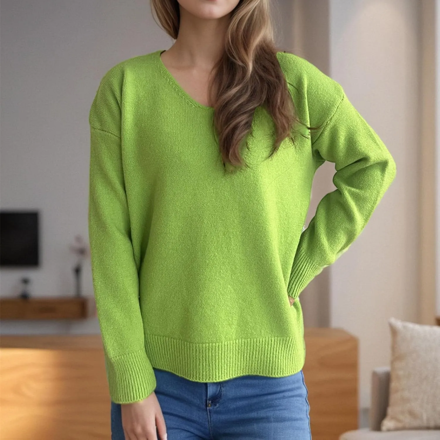 Sweaters for Women Trendy Crewneck Ribbed Knit Sweater Loose Fit Casual Solid Long Sleeve Pullover Trendy Tops