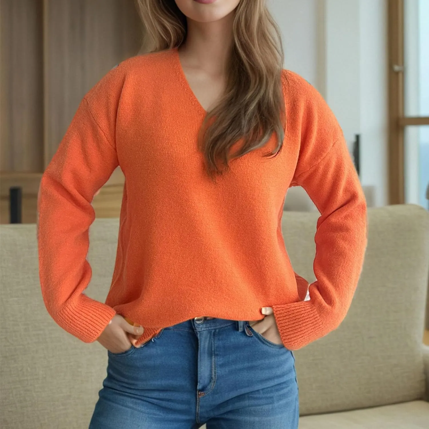Sweaters for Women Trendy Crewneck Ribbed Knit Sweater Loose Fit Casual Solid Long Sleeve Pullover Trendy Tops
