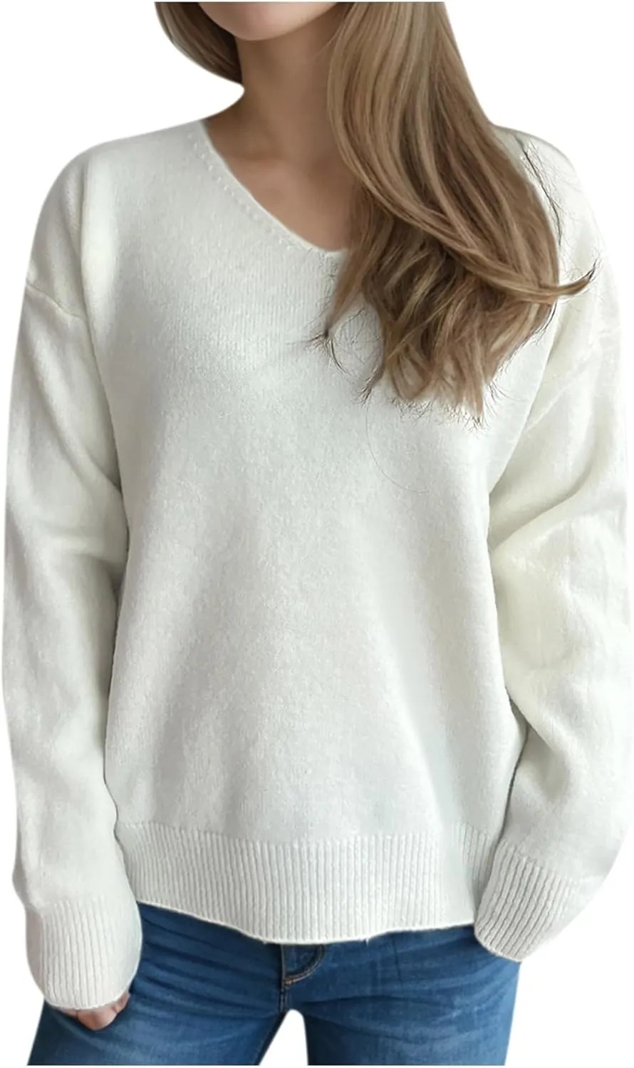 Sweaters for Women Trendy Crewneck Ribbed Knit Sweater Loose Fit Casual Solid Long Sleeve Pullover Trendy Tops