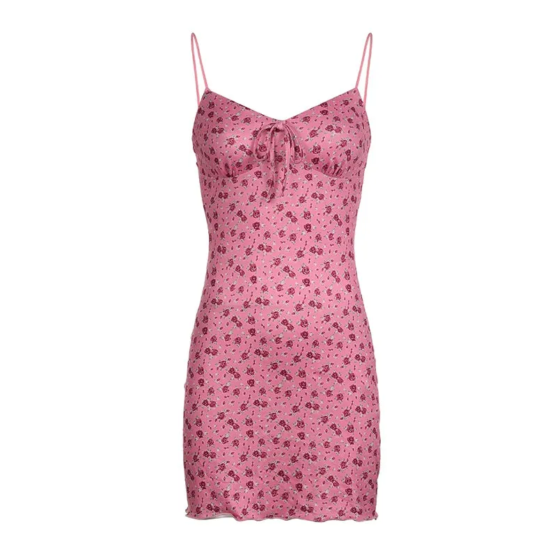 Sweet Spaghetti Strap Flowers Printed Slim Summer Dress Female Tie-Up Korean Coquette Frills Sundress Vintage Outfits