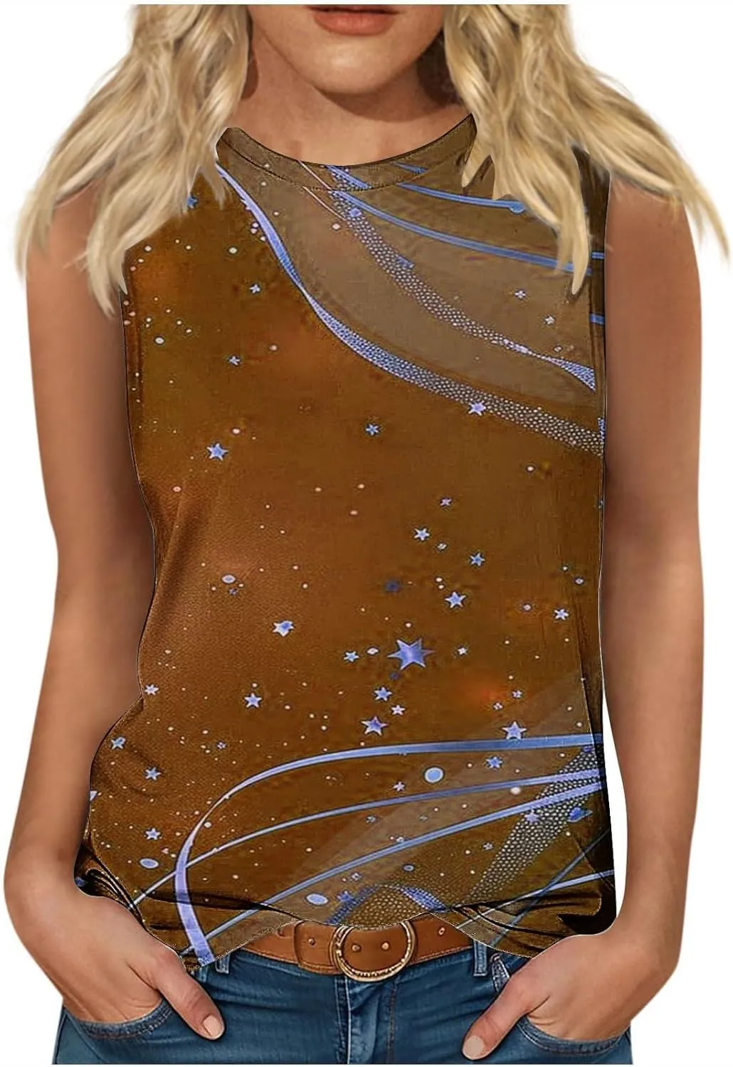 Tank Tops for Women Trendy Colorblock Printed Sleeveless Crew Neck Camisole Casual Trendy Vacation Tunic Shirts 2025