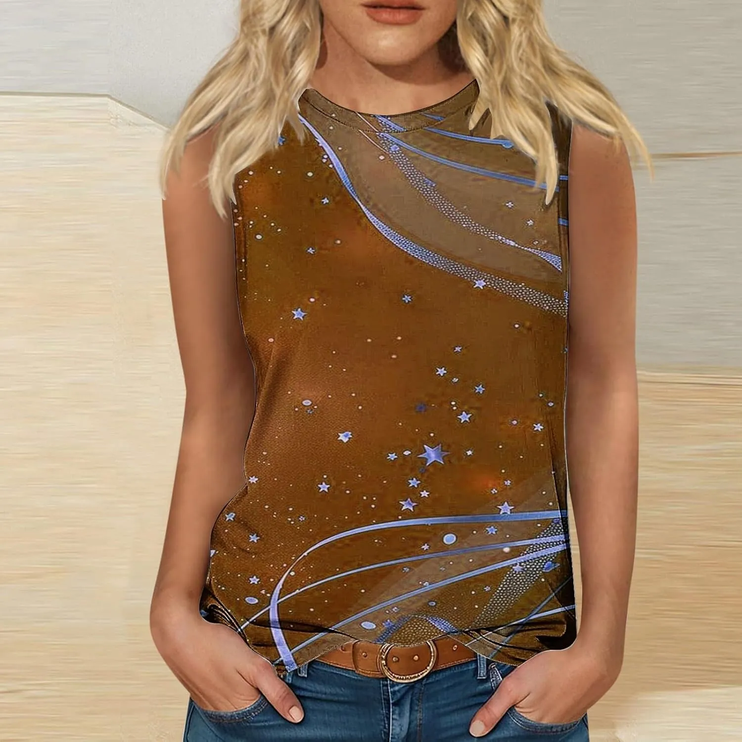 Tank Tops for Women Trendy Colorblock Printed Sleeveless Crew Neck Camisole Casual Trendy Vacation Tunic Shirts 2025