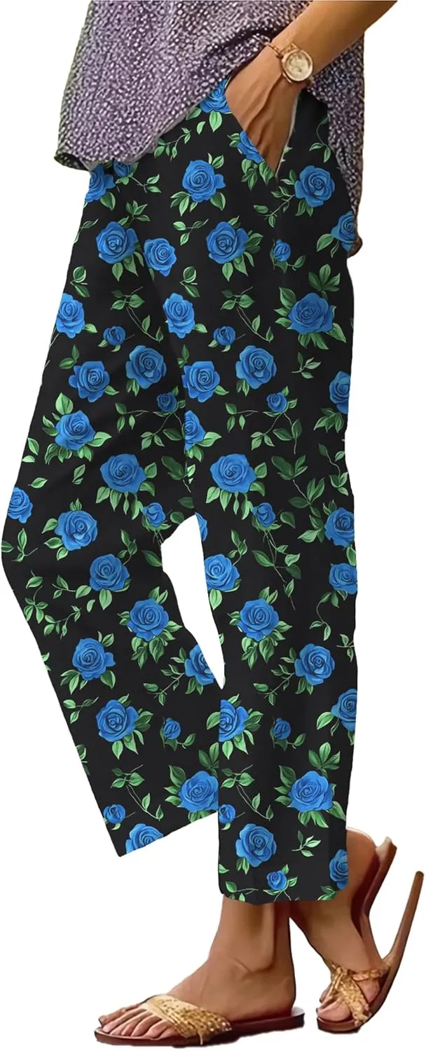 Trendy Pants for Women 2025 Plus Size Lightweight Elastic Waist Breathable Casual Beach Trousers with Pocket