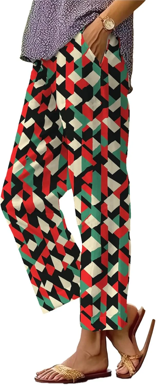 Trendy Pants for Women 2025 Yoga Pants Lightweight Elastic Waist Breathable Casual Beach Trousers with Pocket