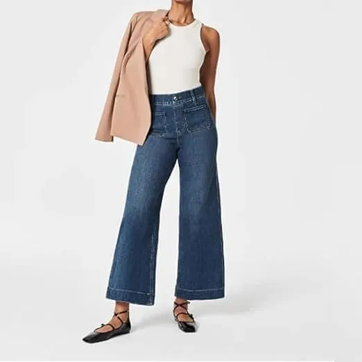 Tummy Control High Waisted Jeans,Wide Leg Cropped Denim Pants,Tummy Control Sailor Wide Leg Trouser